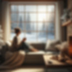 Woman resting and looking out at a winter scene.