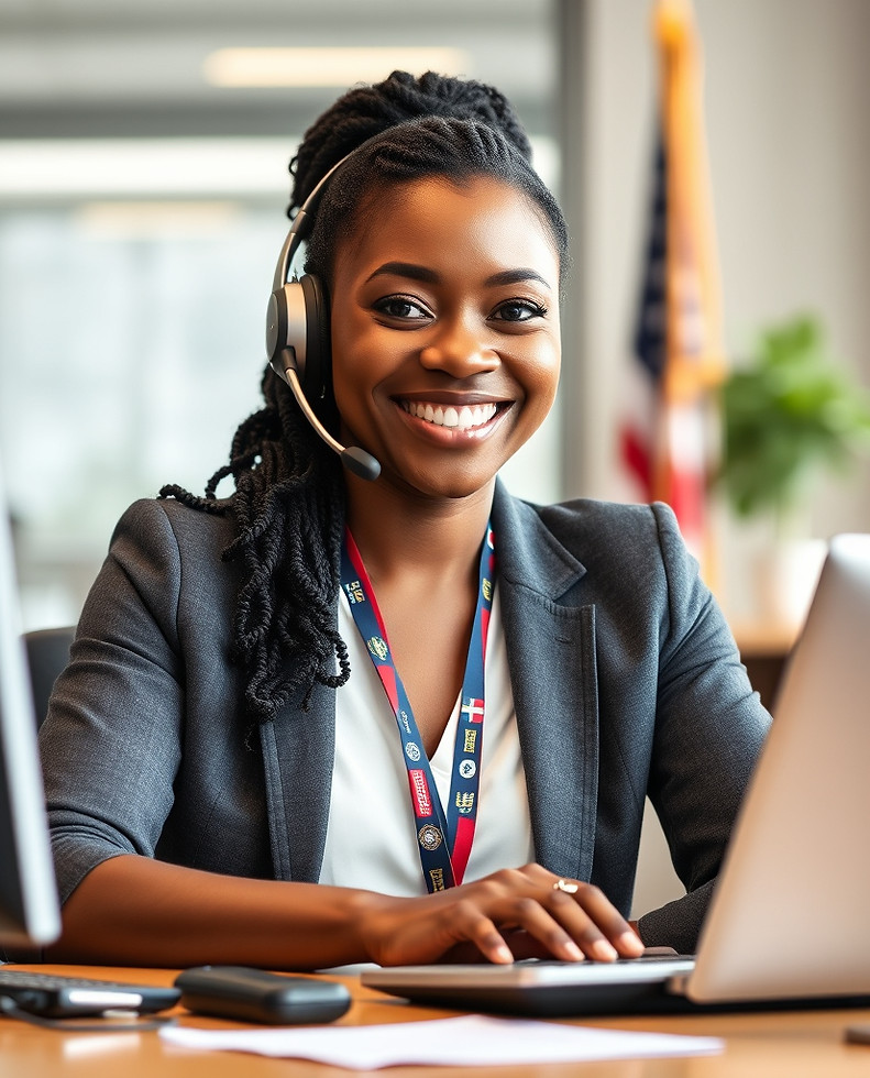 black female customer service agent on the phone and computer smiling very beautiful gover