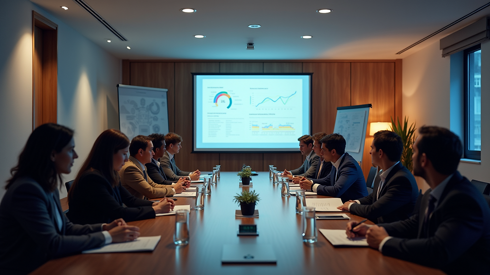 Wide angle view of a conference room with a presentation on analytics