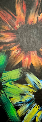 Colorful Triple flower painting, orange, green, and yellow blooms, black background, artworks introduction, Mysticflo 16x20 canvas