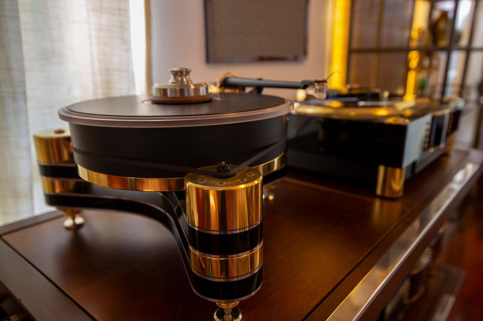 Close-up of a high-end turntable on display with Sabo Audio.