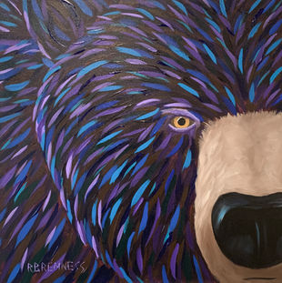 Woodland Watch is an intimate, close-up study that brings the viewer face-to-face with the quiet intensity of a black bear. Rick Bremness uses rhythmic, sweeping brushstrokes in deep purples and electric blues to create a sense of movement and depth within the fur. With its piercing golden eye and heavy, shadowed features, the piece captures a fleeting moment of profound focus and wild dignity.
Sold