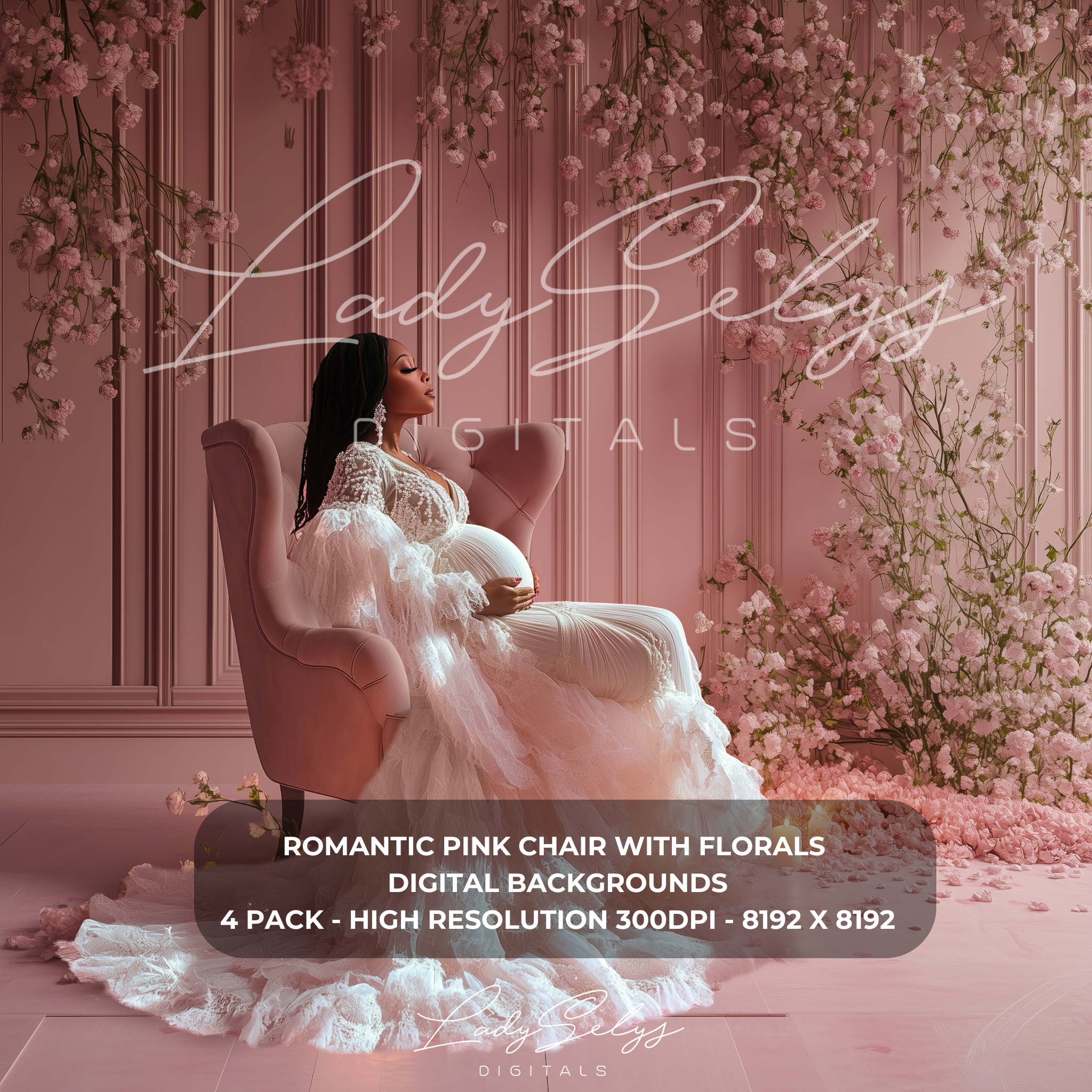 Romantic Pink Floral Chair Digital Backdrop - 4 Pack