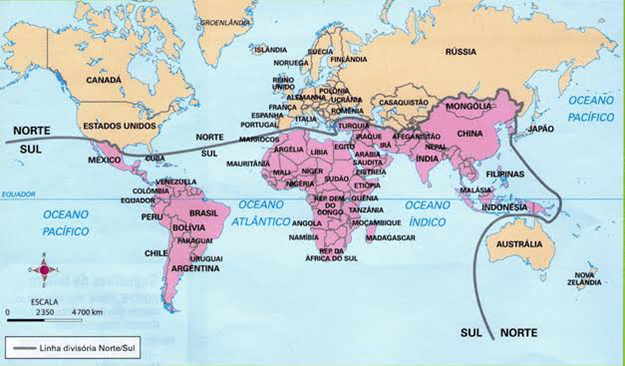 “Representação da divisão do mundo em países desenvolvidos e subdesenvolvidos. Os países do norte são considerados desenvolvidos tecnologicamente e industrialmente em relação aos do Sul, que acabam se tornando dependentes das produções dos desenvolvidos. Desse modo, retrata-se a desigualdade e a fragmentação do mundo ocasionado pela DIT e a revolução industrial.”