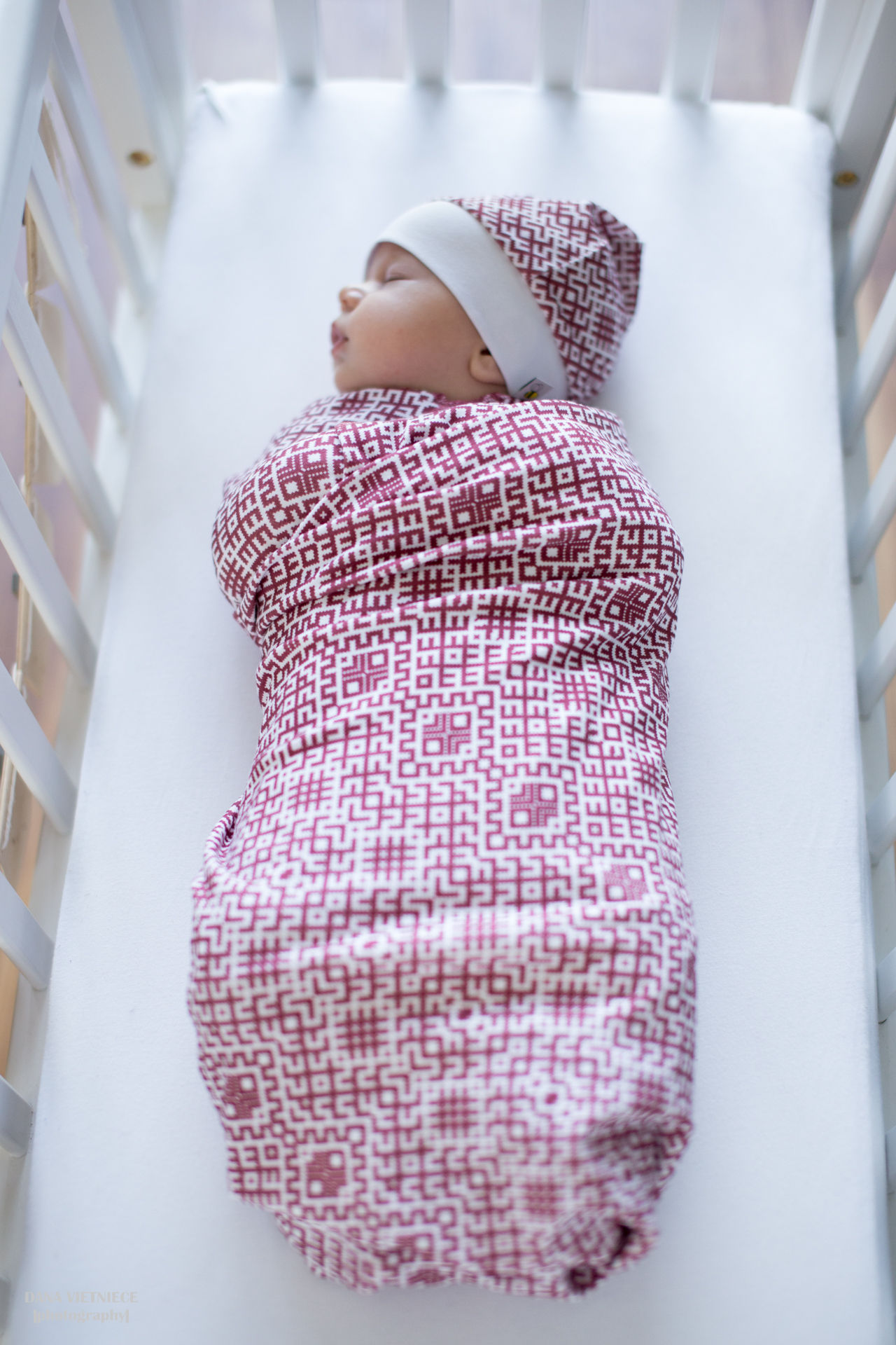 Burgundy Latvian design swaddle blanket and hat optional