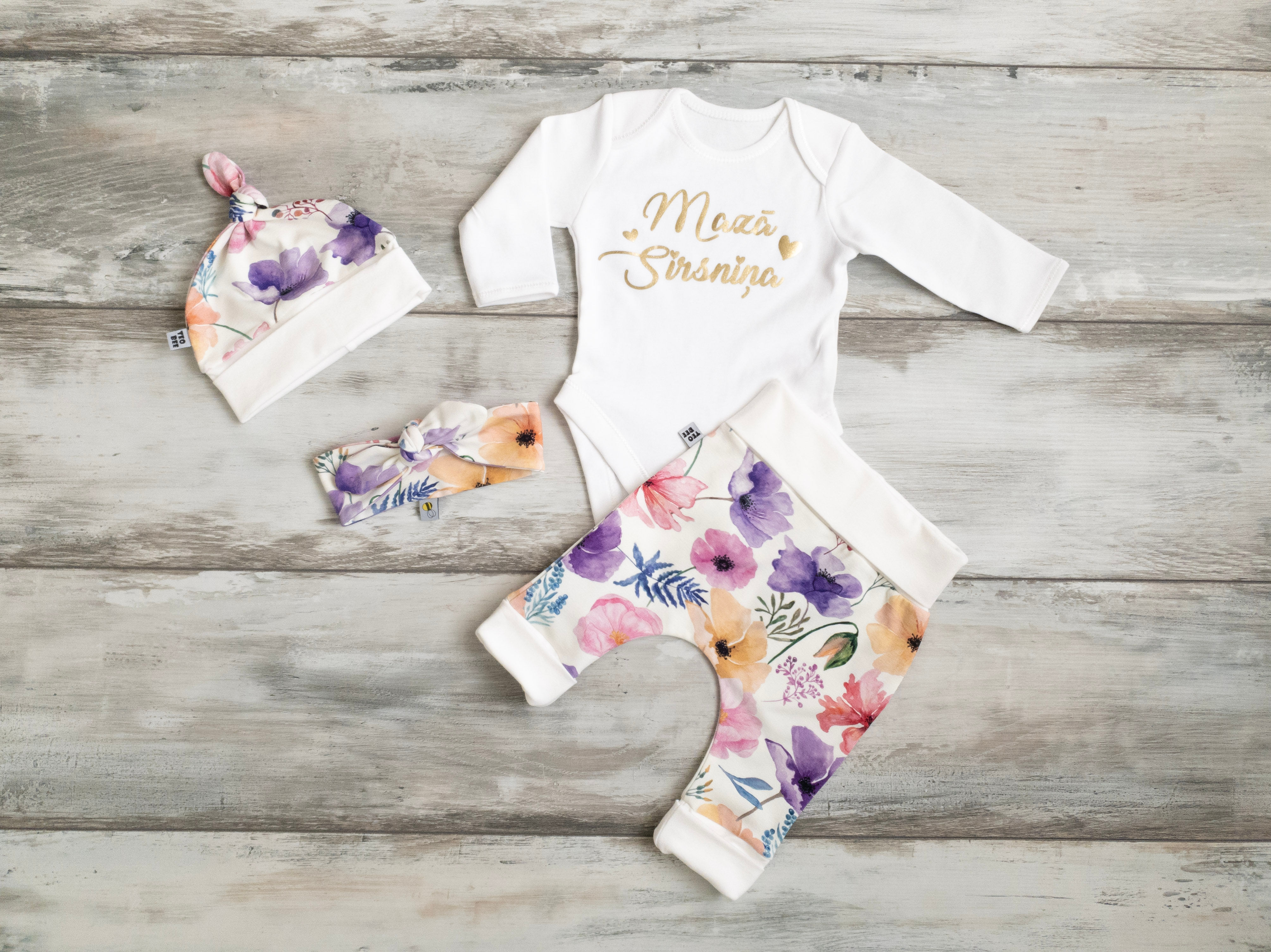 Wildflower pattern set with pants, bodysuit and headband or hat