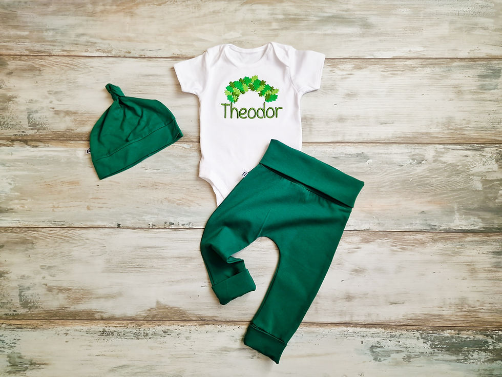 Thumbnail: Green set with pants, bodysuit and headband or hat inspired by “Summer Solstice”