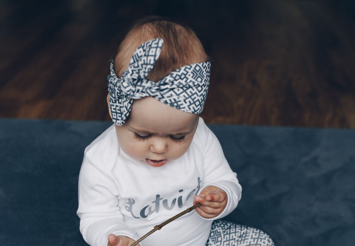 Gray Latvian design top knot headband