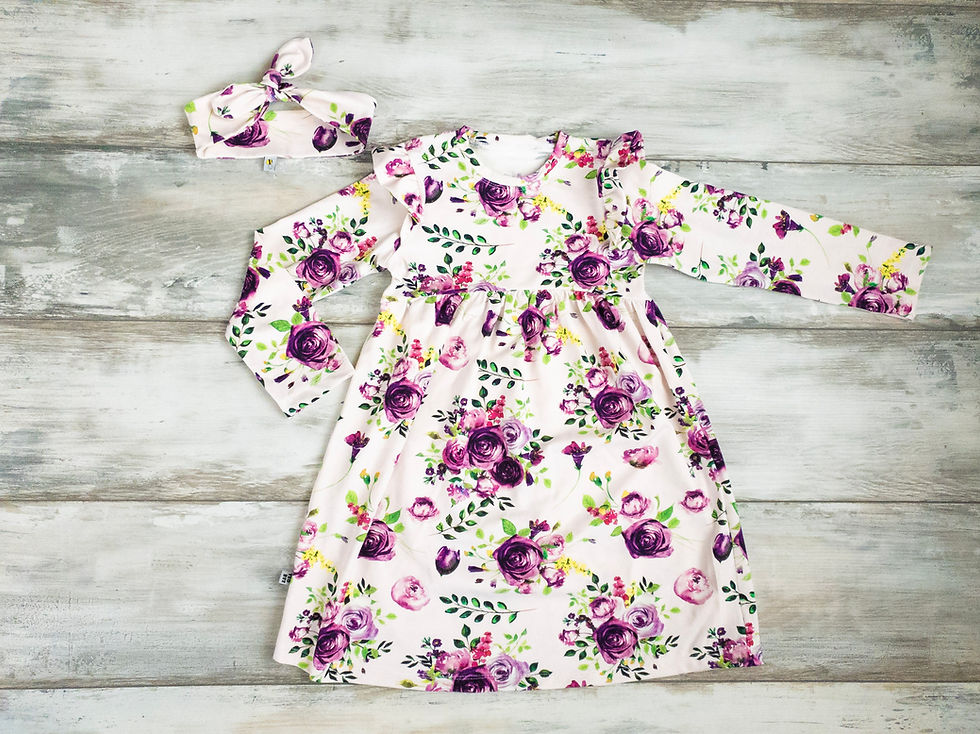 Thumbnail: Purple rose pattern dress with long sleeves and ruffles on shoulders