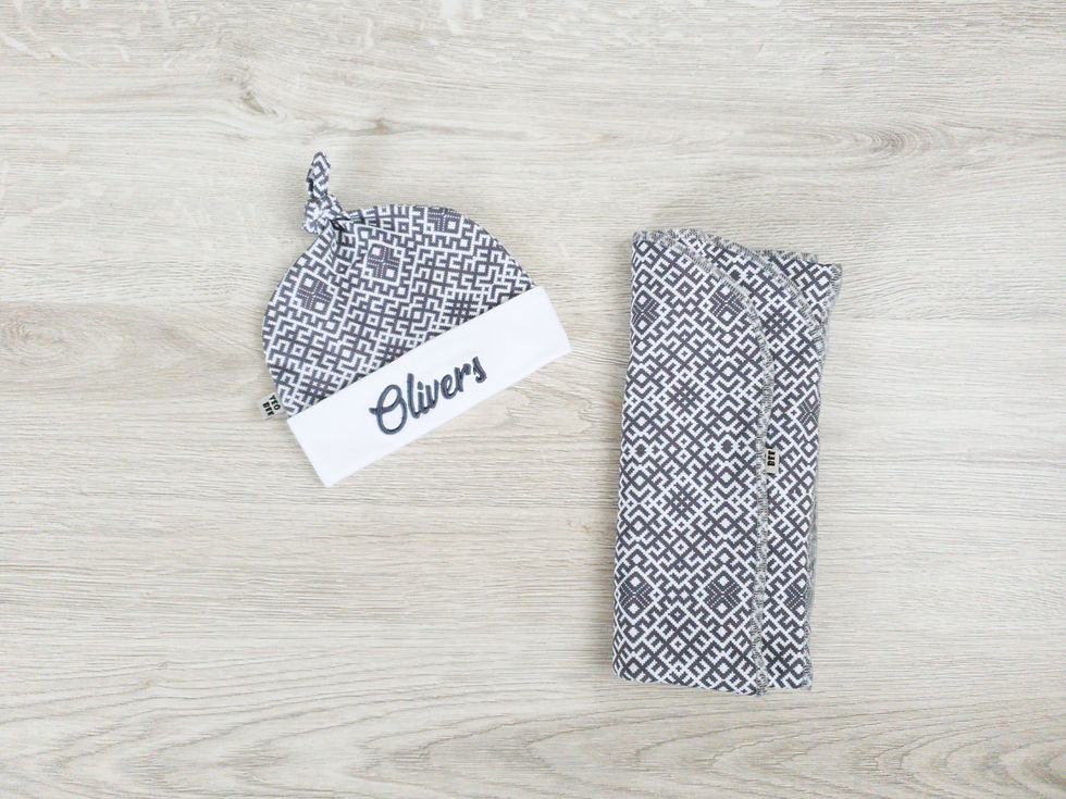 Thumbnail: Grey Latvian design Swaddle set with personalized hat
