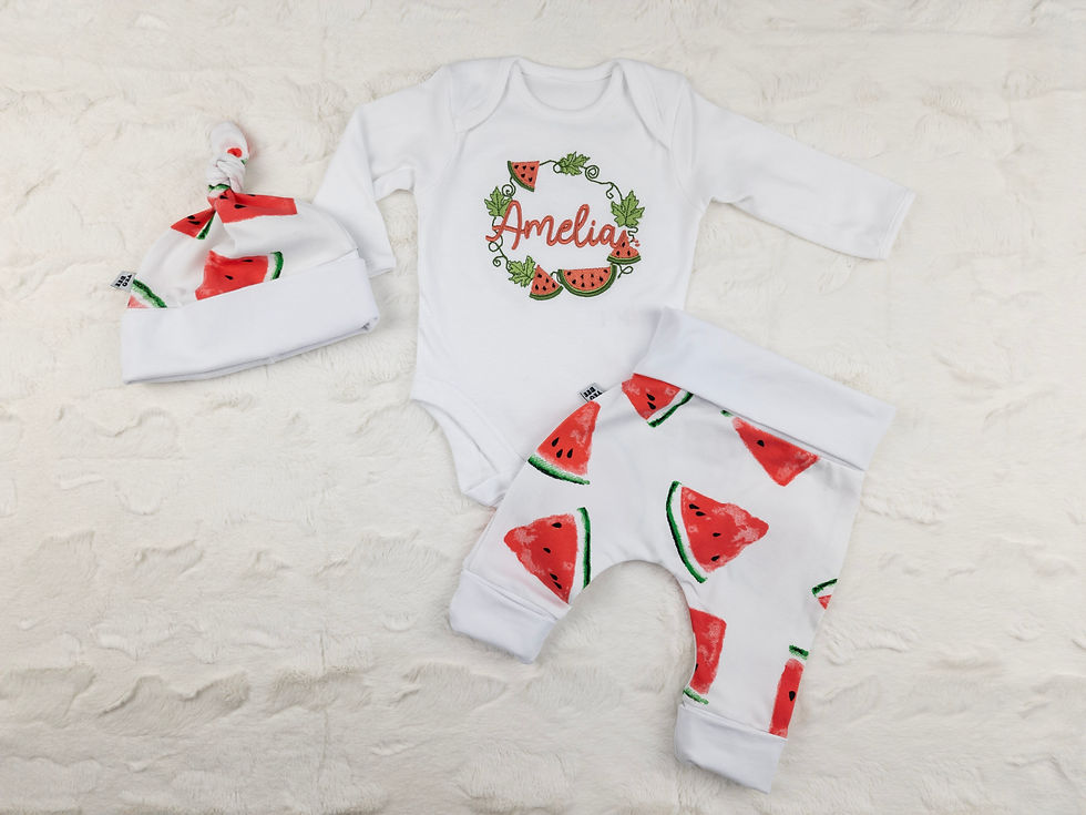 Thumbnail: "Saldie Arbūzi" komplekts ar biksēm, bodiju un cepuri vai matu