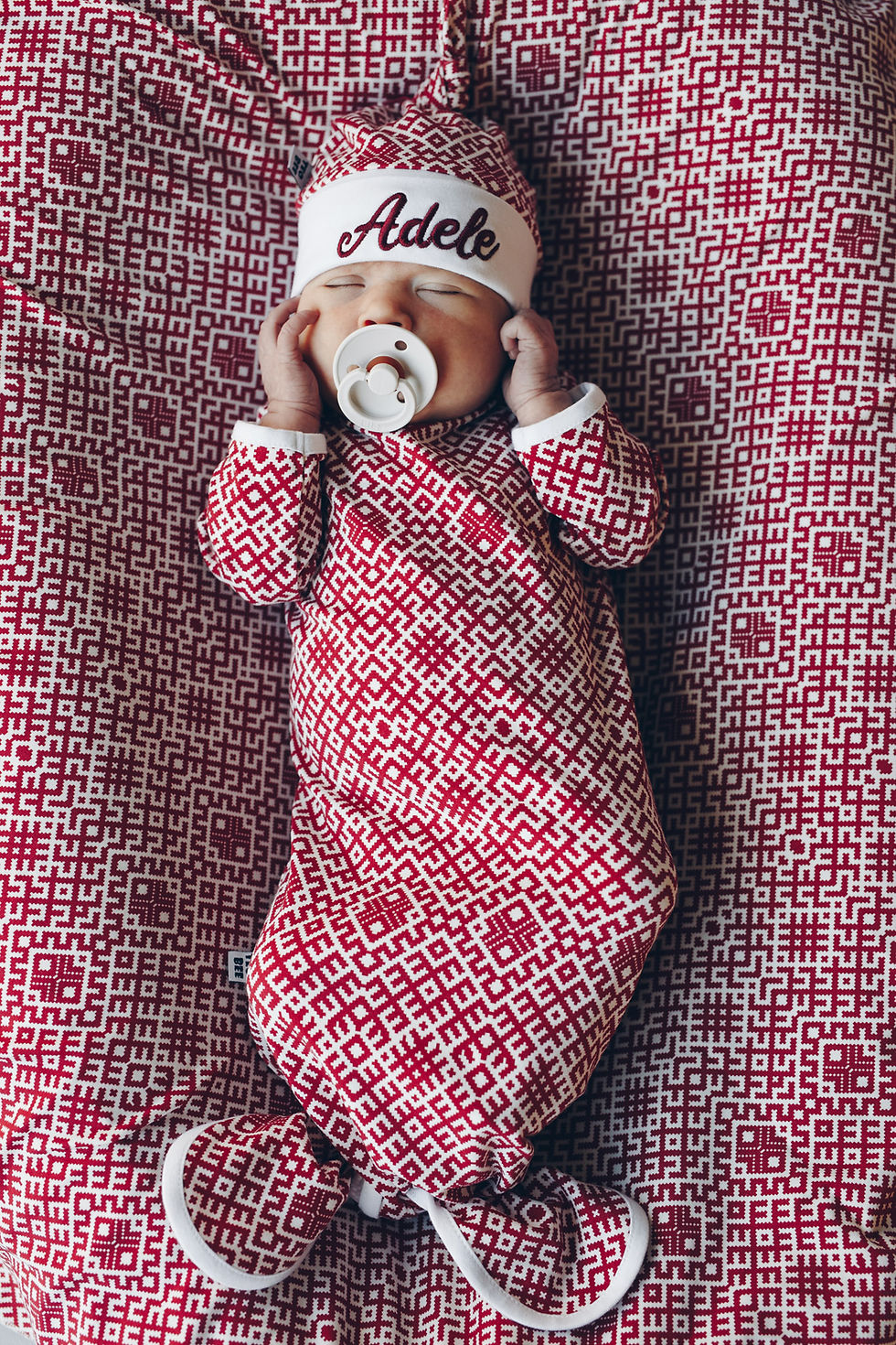 Thumbnail: Burgundy Latvian design knotted baby gown