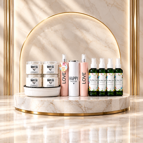 Seafoam Soap Company body care products on a marble stand.