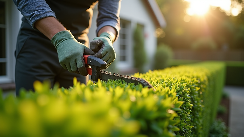 Close-up view of a gardener trimming a hedge in a residential garden