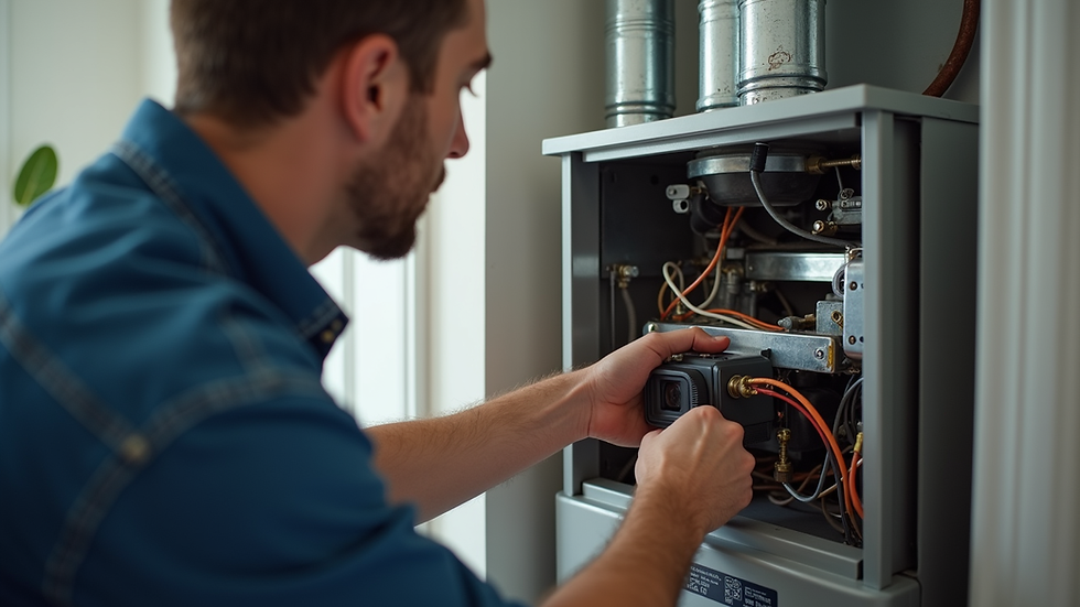 Close-up view of a technician repairing a heating system in a residential property