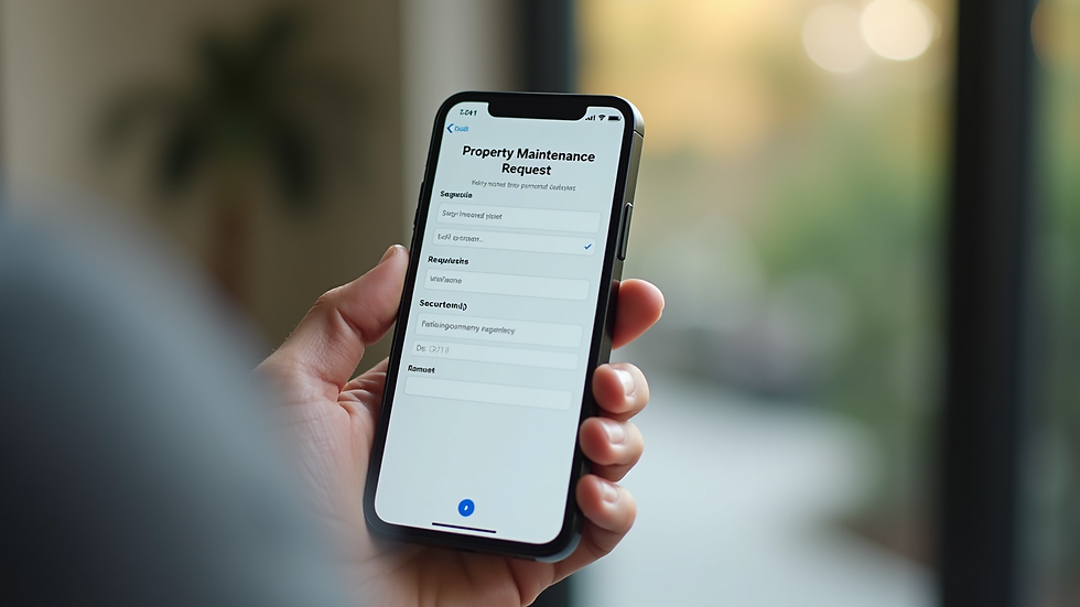 Close-up view of a smartphone displaying a property maintenance request form