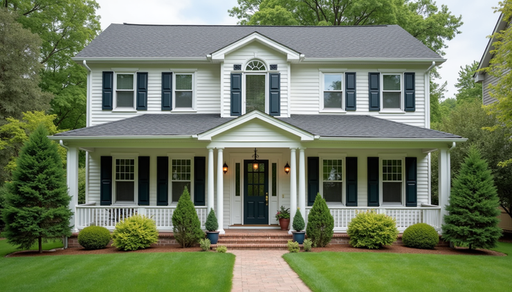 Eye-level view of a freshly painted house exterior with neat landscaping in Bedford