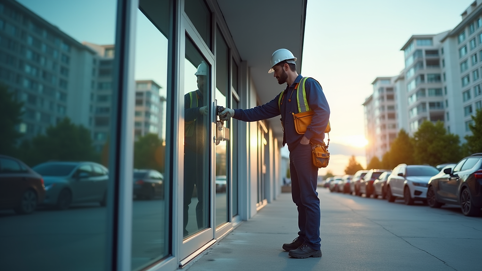 Eye-level view of a maintenance worker inspecting a commercial building exterior