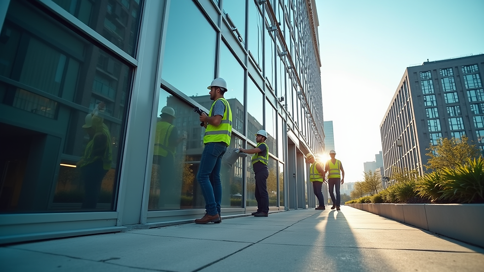 Eye-level view of a commercial building exterior with maintenance workers inspecting the facade