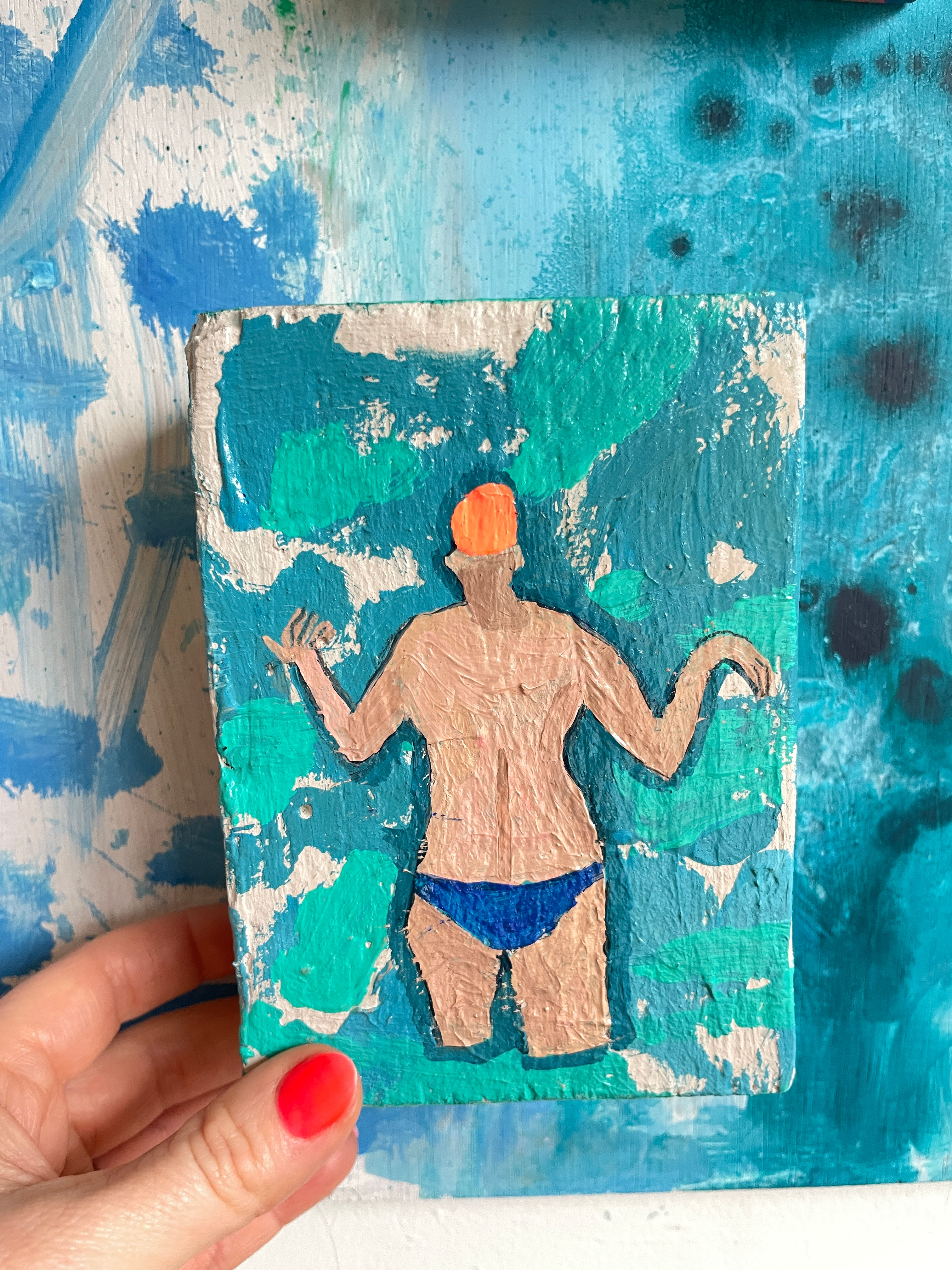 Tiny wooden block painting - blue trunks