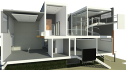 PERSPECTIVE OF GREAT ROOM, MASTER BEDROOM-LOFT, BATH + DECK