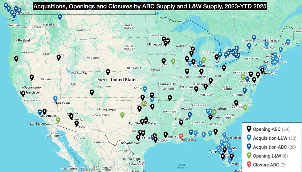 Acquisitions, openings, and closures involving ABC Supply roofing stores and its L&W Supply unit, 2023-YTD 2025. Source: Webb Analytics
