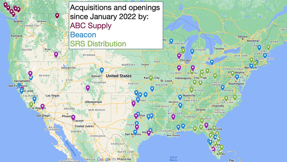 Deals and openings map for ABC Supply, Beacon, and SRS