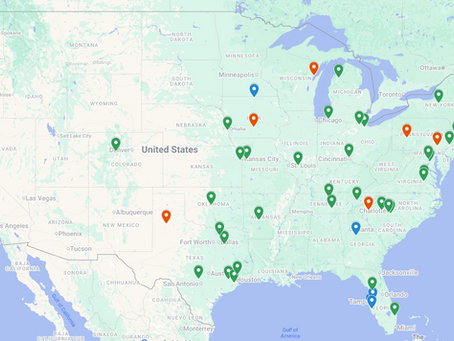 Construction Supply facilities acquired (blue pins), newly opened or planned to be opened (green) and closed or will close (red), YTD 2026. Source: Webb Analytics