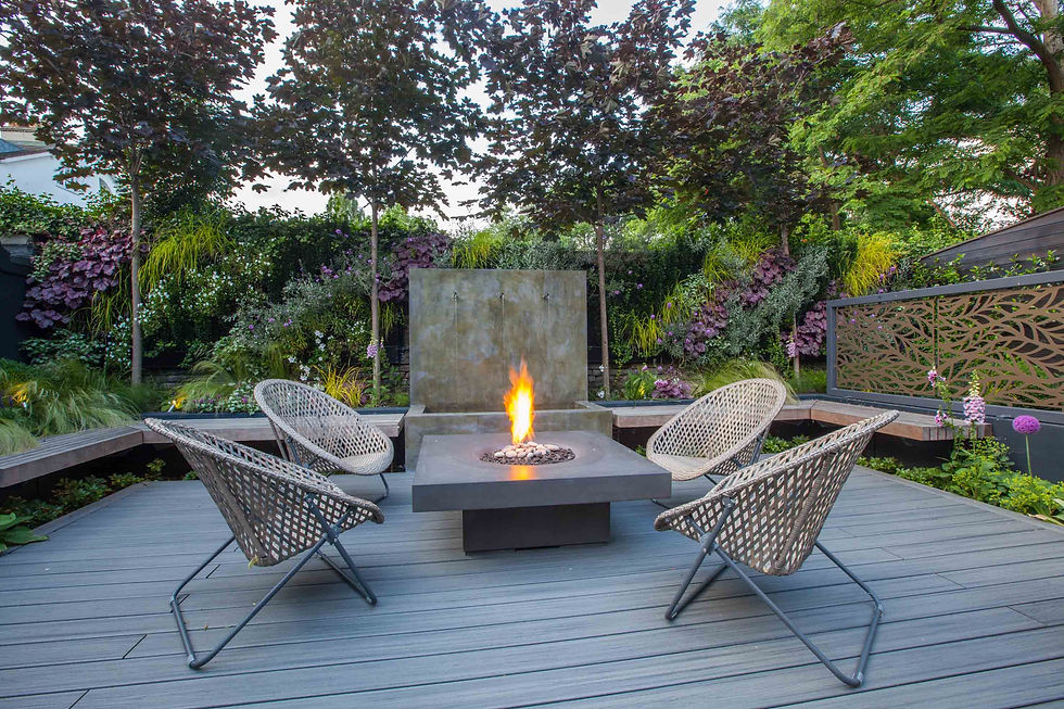 Eye-level view of a beautifully designed London garden with modern seating