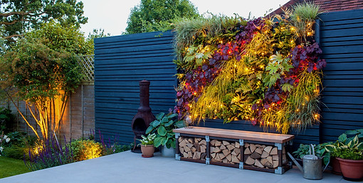 Garden lighting scheme with fairy lights in living wall