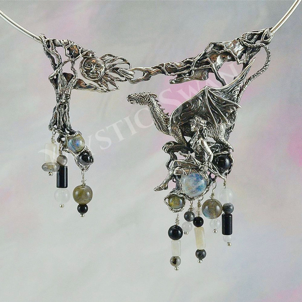 Thumbnail: Dragon & Maiden Necklace, Sterling Silver Fantasy Jewelry, Dragon Bib Necklace w