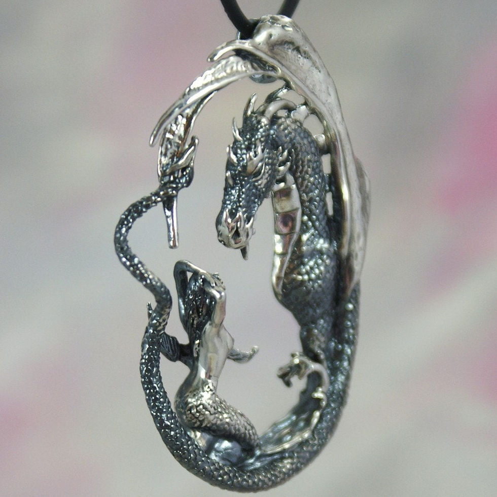 Thumbnail: Dragon and Mermaid Necklace, Sterling Silver Fantasy Jewelry, "Enchantment" Scul