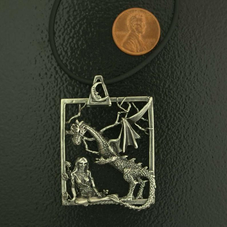 Thumbnail: Dragon and Goddess Necklace, Sterling Silver Fantasy Jewelry, Renaissance Dragon