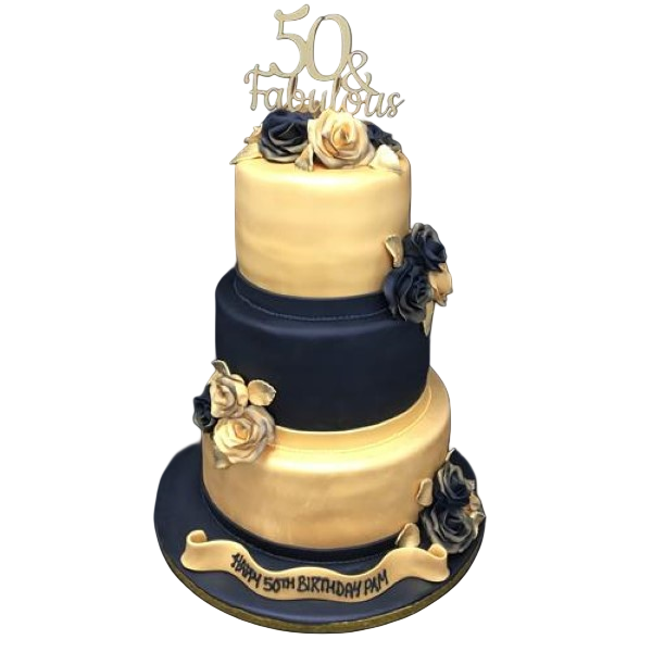 Bespoke black and gold glamour celebration cake with intricate gold detailing in Solihull, West Midlands.