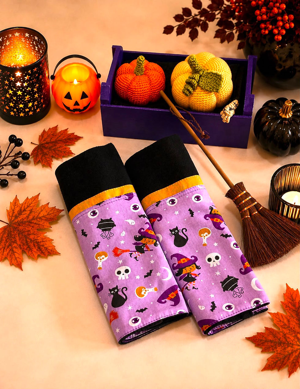 Pano de Prato Halloween barrado roxo