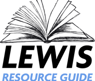 An open book and the words Lewis Resource Guide