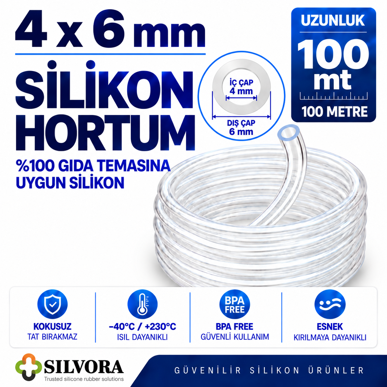 4x6 mm-100 mt / Şeffaf Silikon Hortum