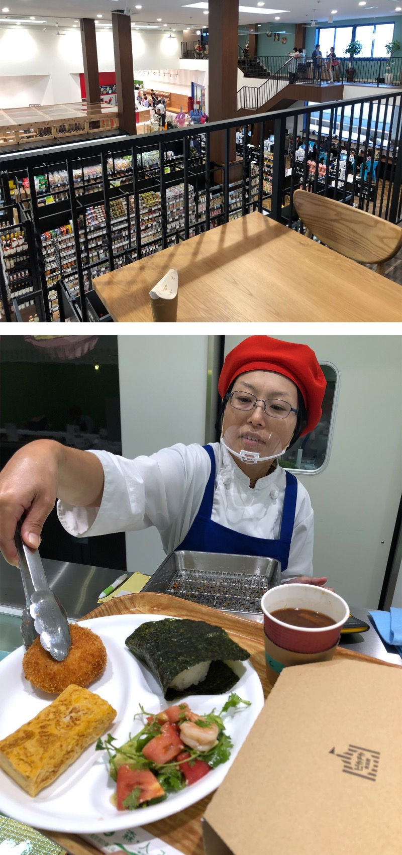 1階の惣菜デリコーナーで好きなものを選んだら、2階のカフェラウンジでゆっくり味わえます。