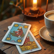 Tarot reading setup with coffee, representing a relaxed online tarot reading session focused on clarity and spiritual guidanc