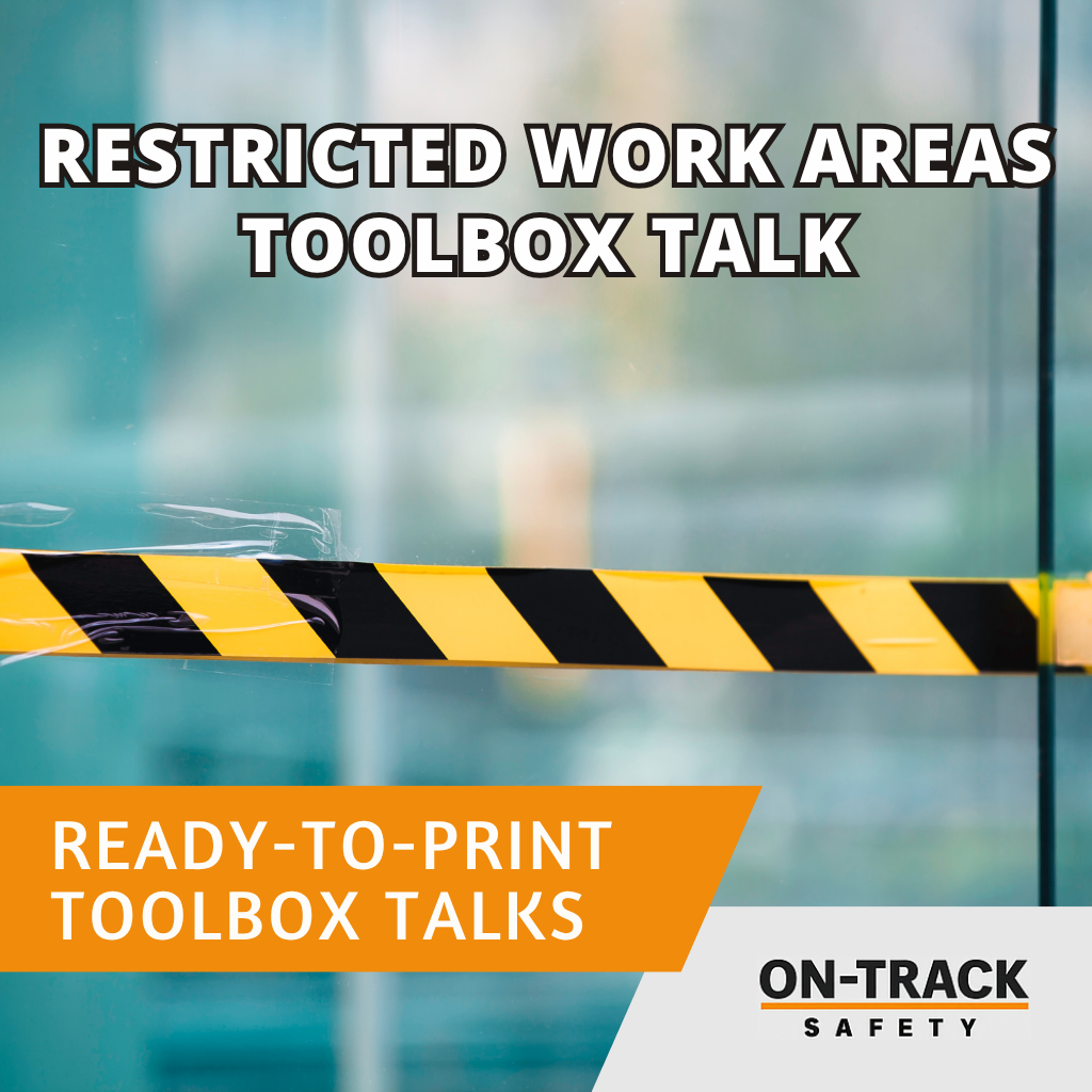 Restricted Work Areas Toolbox Talk title with access hazard icon and On-Track Safety branding