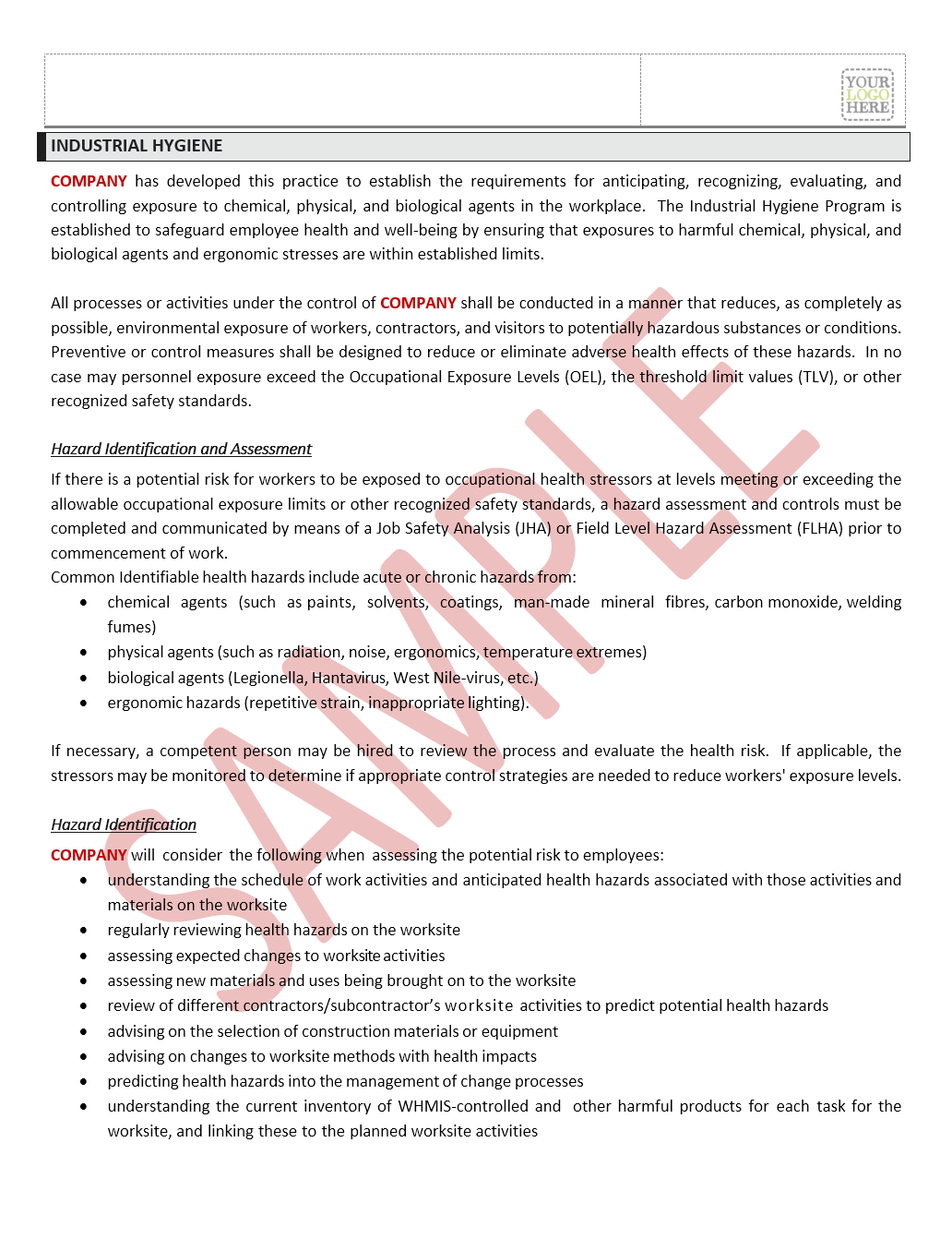 Industrial Hygiene Safe Work Practice