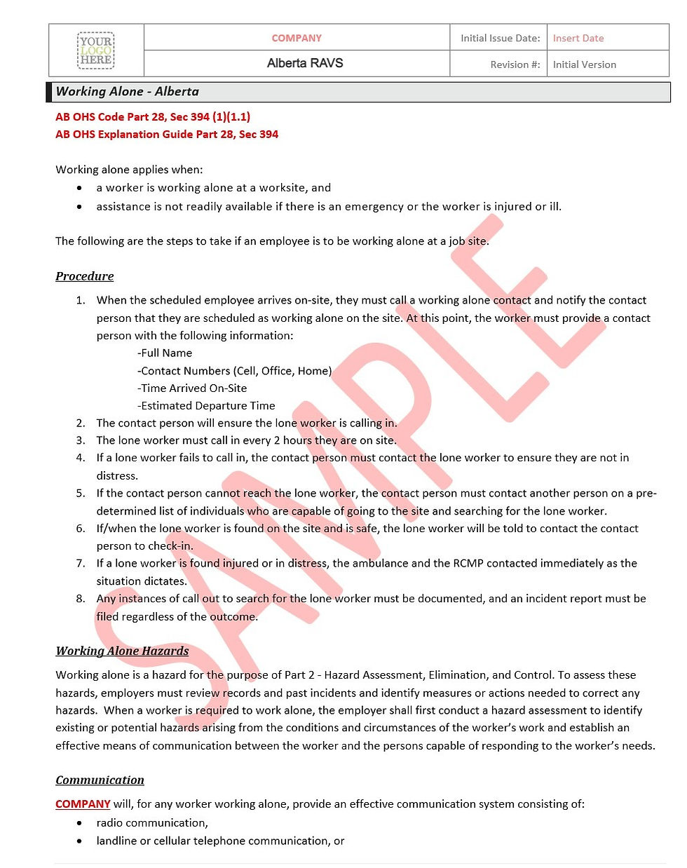 Working Alone - Alberta RAV ISNetWorld