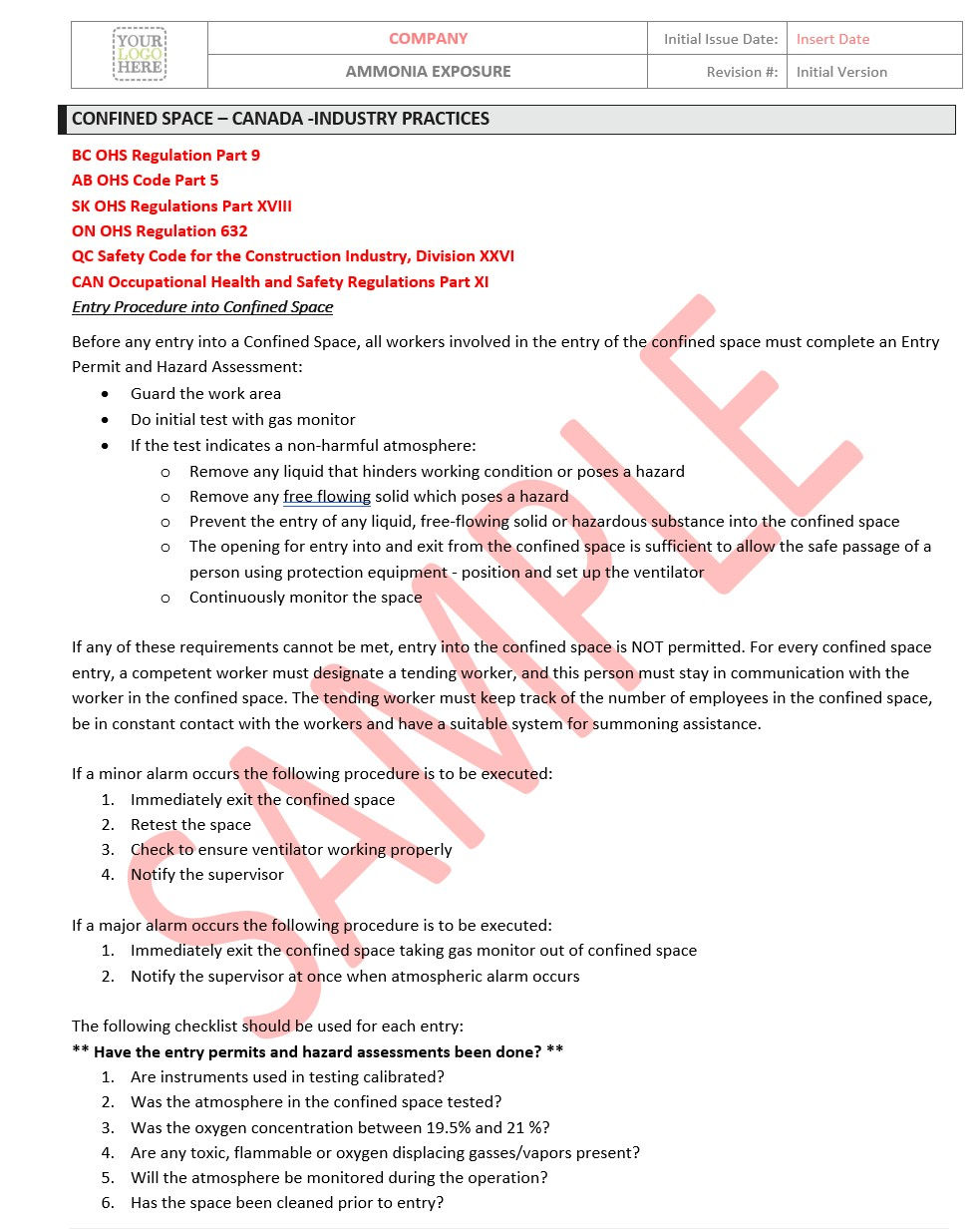 Confined Space safety policy template for ISNetworld and contractor portals, editable Word format