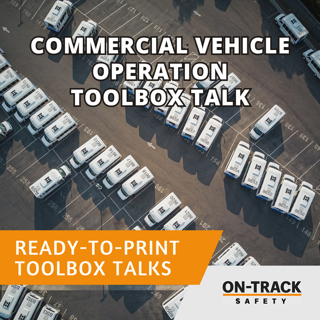 Commercial Vehicle Operation Toolbox Talk title with heavy truck graphics and On-Track Safety branding