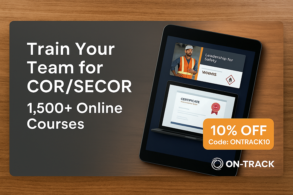 Tablet screen showing online safety courses and certificate, with text “Train Your Team for COR/SECOR – 1,500+ Online Courses” and orange 10% OFF badge.