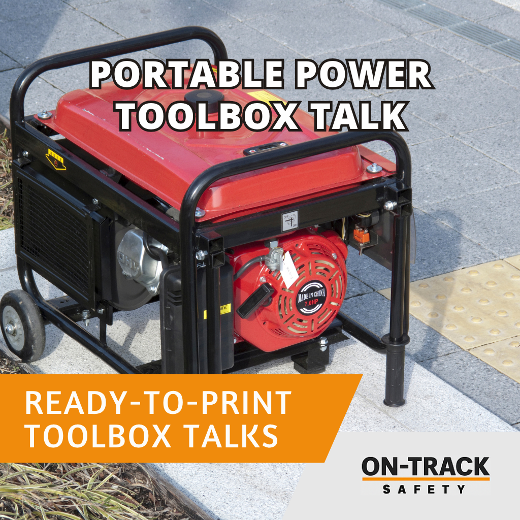 Portable Power Tool Safety Toolbox Talk title with hand tool icon and On-Track Safety branding