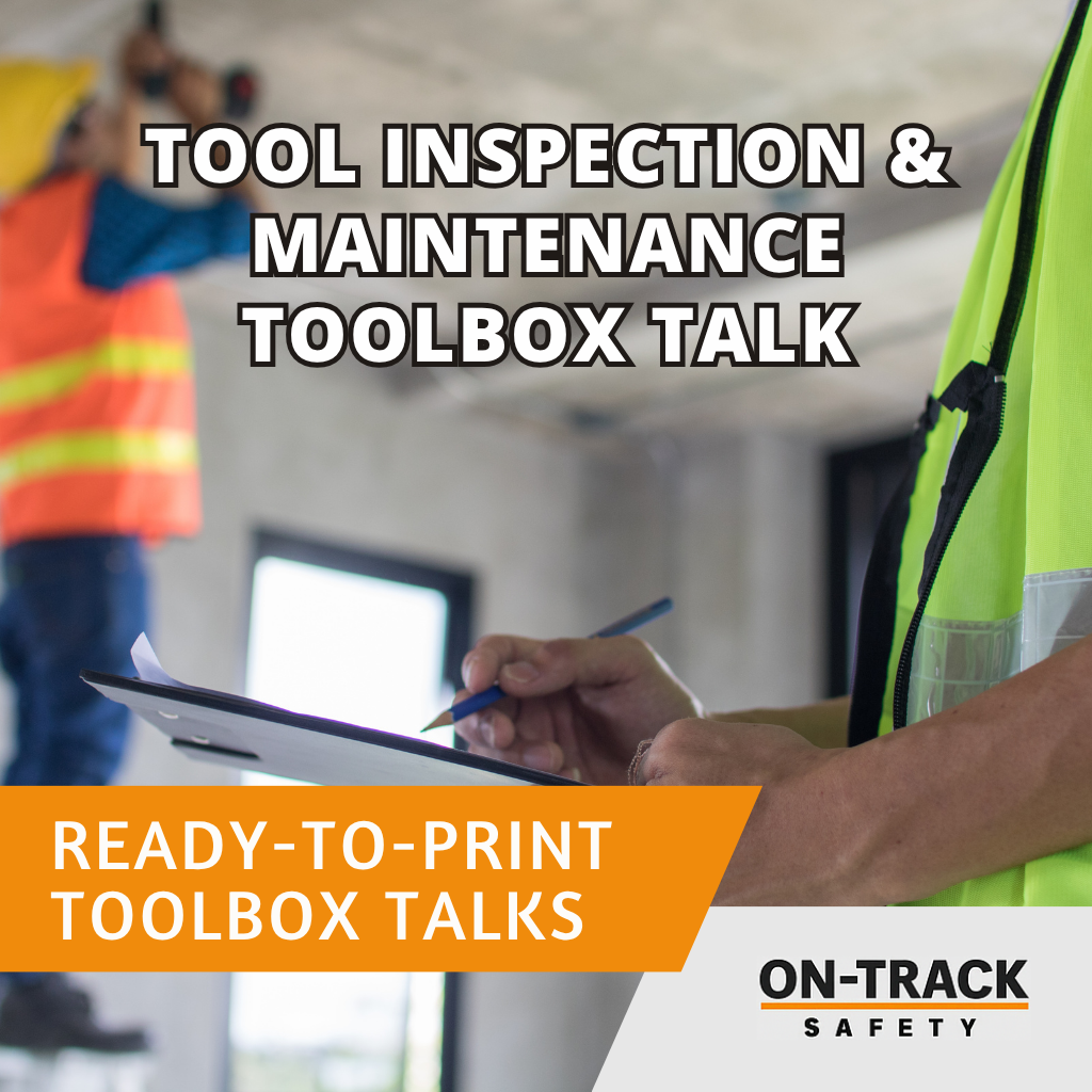 Tool Inspection and Maintenance Toolbox Talk title with safety icon and On-Track Safety branding