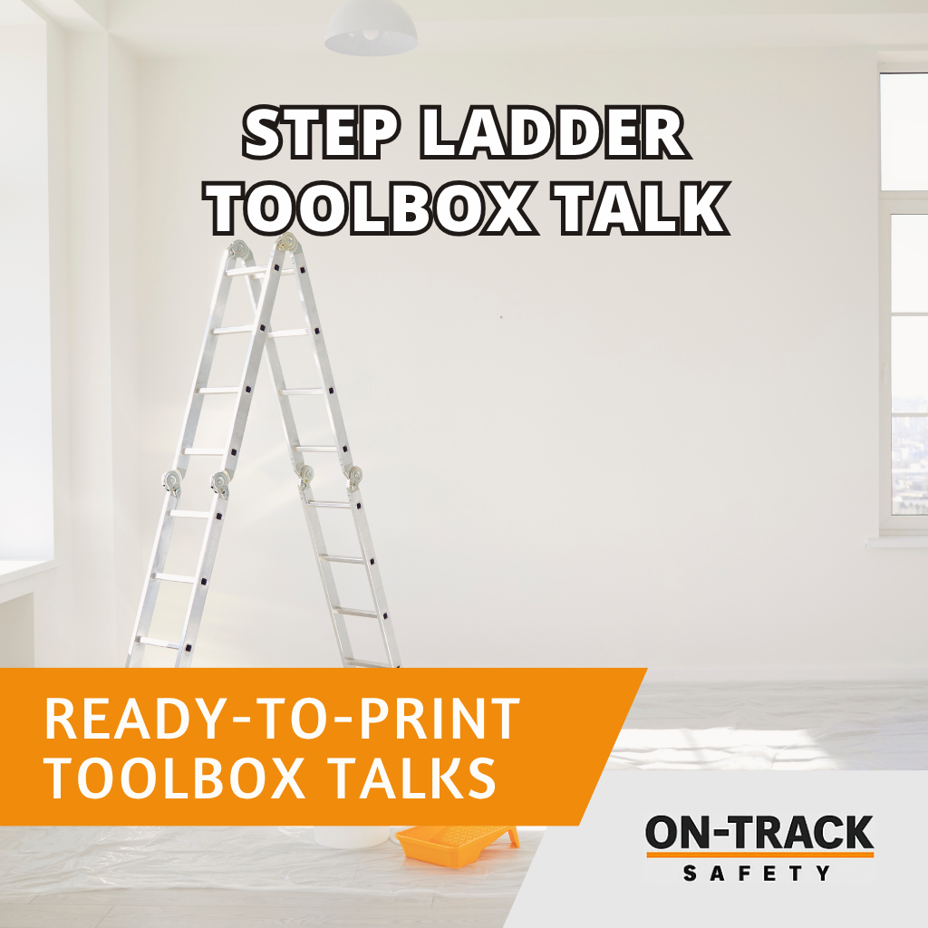 Stepladders Toolbox Talk title with ladder safety icon and On-Track Safety branding