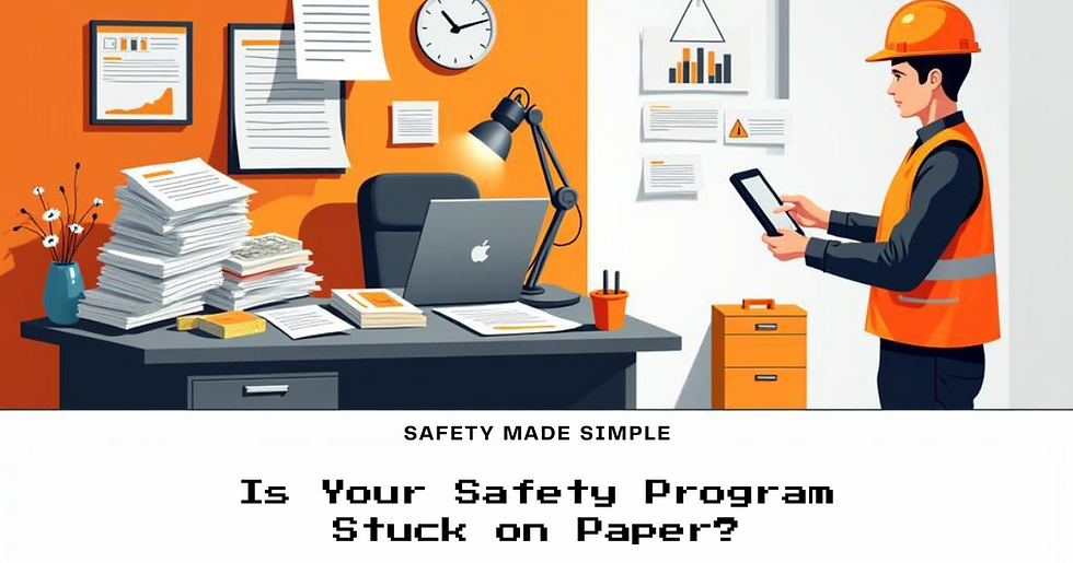 Safety manager reviewing a digital inspection form on a tablet while paper safety forms are scattered on a workbench, representing the shift to digital.