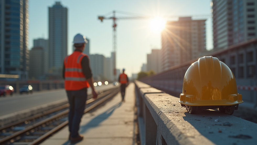 Eye-level view of a construction site with safety equipment. Supervisor holding a branded RAVS binder while briefing a crew at a construction site.